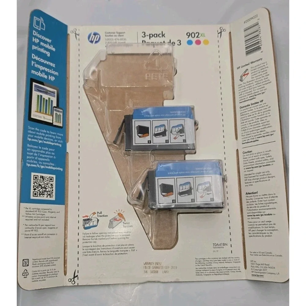 HP 902XL Ink 3-Pack Cyan Magenta Yellow OS New Open Box High Yield T0A41BN